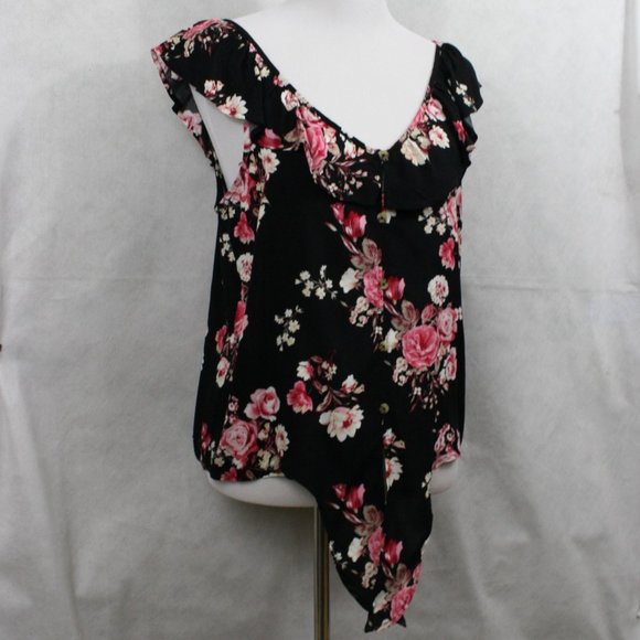 No Boundaries Tops - No Boundaries Multi Color Floral Rayon Blouse w/ Ruffle Collar Trim SZ M EUC